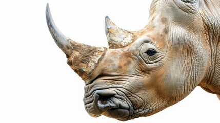 Close-up of a rhinoceros head with a prominent horn, showcasing detailed texture on white background.