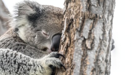 Fototapeta premium Close-up of a sleeping koala clinging to a tree, showing its gray fur and peaceful nature in a natural habitat.