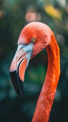 Close-up of a vibrant flamingo with a blurred background, showcasing the bird's unique features and bright orange feathers.