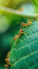Naklejka premium Close-up of ants crawling on a green leaf, showcasing their intricate details and natural surroundings.