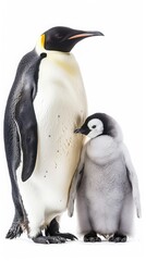 Obraz premium Emperor penguin and chick standing together against a white background, showcasing bond and wildlife nature.