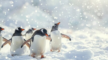Obraz premium Gentoo penguins walking in snowfall, showcasing natural beauty and wildlife in their snowy habitat during winter.
