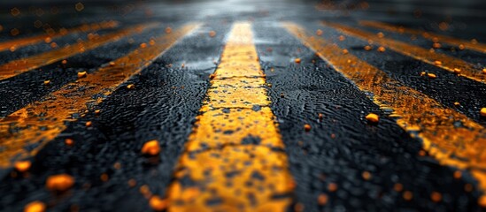 Obraz premium Wet Road with Yellow Stripes After Rain