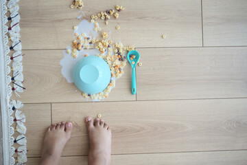 Spilled breakfast cereal on floor