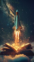 Fototapeta premium Abstract Wallpaper of a Rocket Launching from a Glowing Book Screen, Symbolizing Creative Innovation, Technological Progress, and High-Tech Science Concepts for World Book Day, AI-Generated 4K High-De