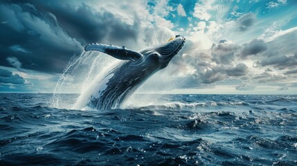 Fototapeta premium Stunning shot of a whale breaching ocean waters under dramatic skies, showcasing the beauty and power of marine life.