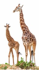 Fototapeta premium Tall adult and baby giraffe standing gracefully on sandy terrain with small green plants and a white background in wildlife setting.