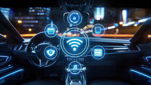 The interior of a self-driving car at night, the future of automotive technology