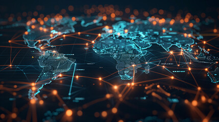 Abstract digital world map with global network connections, blue and orange theme