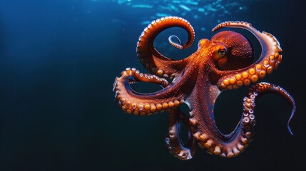 Obraz premium Vibrant image of a deep-sea octopus gracefully swimming in the ocean, showcasing its tentacles and natural beauty against a blue background.