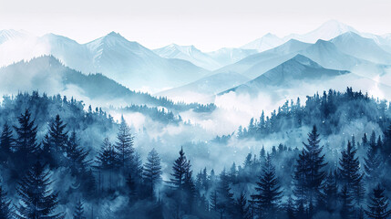 Obraz premium Abstract misty forest landscape with foggy mountains. Watercolor vector illustration