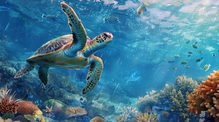 Obraz premium Vibrant underwater scene with a sea turtle swimming among colorful coral reefs and fish, under the sunlight rays penetrating the ocean water.