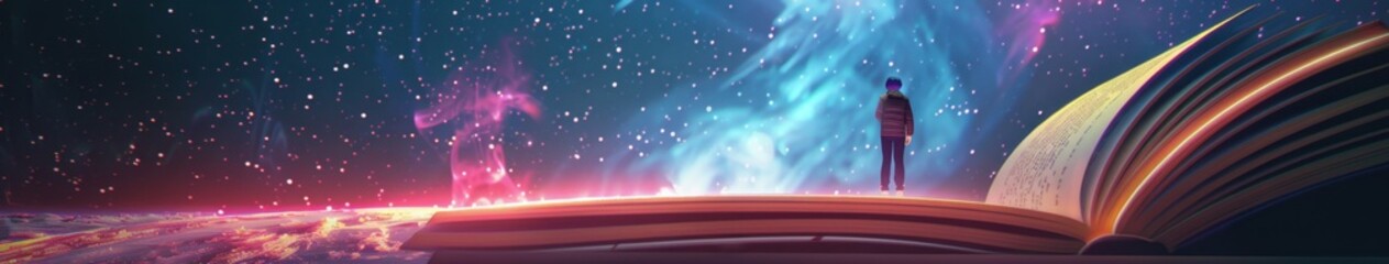 Obraz premium Abstract Wallpaper of a Rocket Launching from a Glowing Book Screen, Symbolizing Creative Innovation, Technological Progress, and High-Tech Science Concepts for World Book Day, AI-Generated 4K High-De