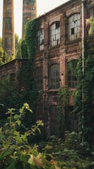 Fototapeta premium Abandoned industrial building covered in ivy and vegetation, showcasing urban decay and overgrown nature.