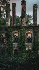 Fototapeta premium Abandoned industrial building with ivy-covered walls and tall chimneys, surrounded by lush greenery during twilight.