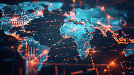 Obraz premium Glowing global city connections on digital world map. High-tech network with cinematic lighting and bokeh effect