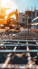 Construction site with sunrise lighting, highlighting metal reinforcements and machinery. Urban development and infrastructure theme.