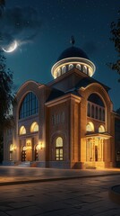 Elegant illuminated building with an arched facade and dome under a starry night sky, featuring a crescent moon in the background.