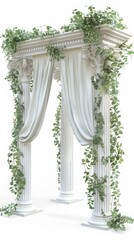 Naklejka premium Elegant white wedding arch with draped fabric and lush greenery, perfect for ceremonies and romantic events.