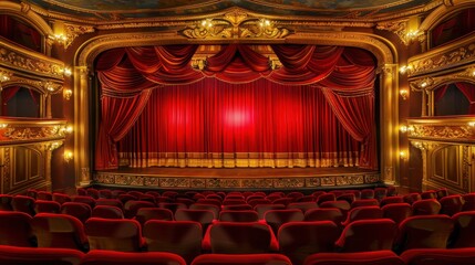 Empty grand theater stage with red curtains and ornate decorations, awaiting performance, with velvet seats in the foreground.