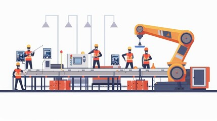 Fototapeta premium Engineers working with industrial robots on an automated production line in a modern factory setting.