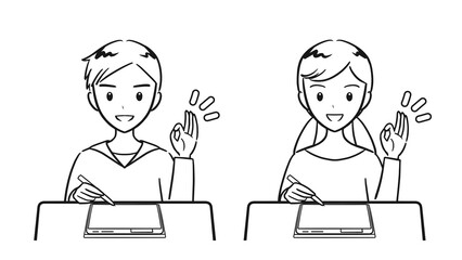タブレット学習で勉強がばっちりな小学生の男子女子セット（線画）