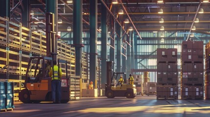 Industrial warehouse with forklifts transporting boxes and pallets under bright lighting, showcasing logistics and storage operations.