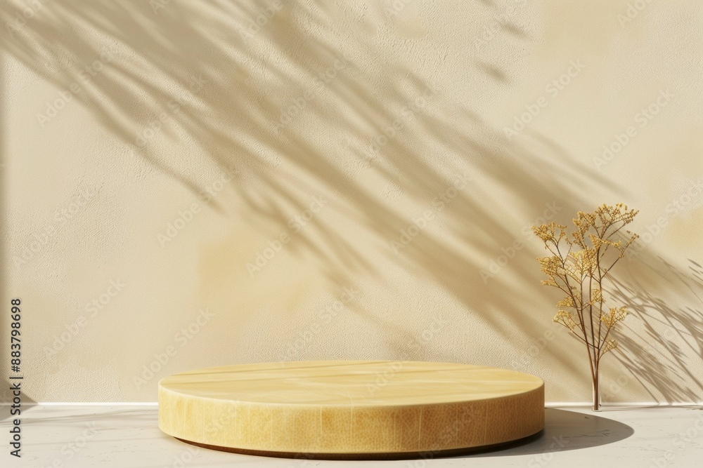 Poster bright minimalist mockup with vibrant yellow podium and soft beige background for product display un