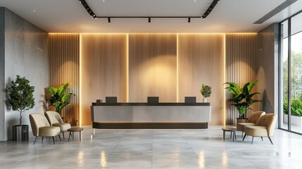 Modern office lobby with reception desk, stylish seating, and indoor plants, featuring clean lines, warm lighting, and a welcoming atmosphere.