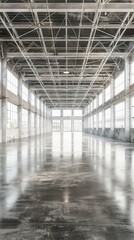 Spacious empty industrial warehouse with large windows, high ceilings, and polished concrete floor, perfect for storage or events.