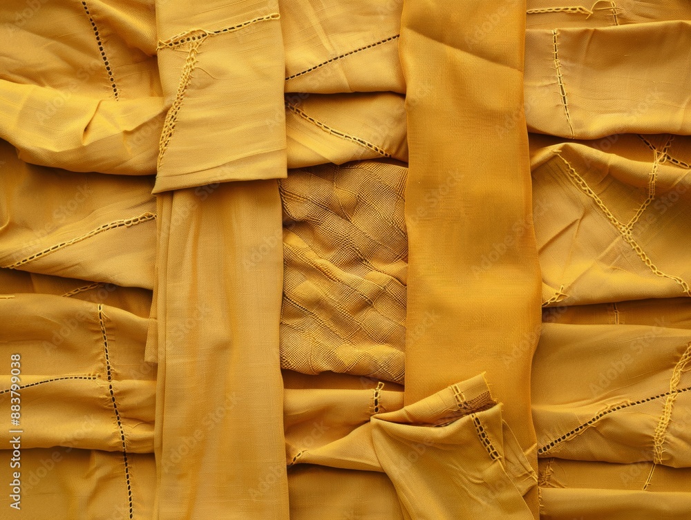 Aufkleber intricate geometric patterns formed by mustard yellow fabrics in bright natural light: a symmetrical