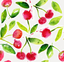 Fruits watercolor seamless patterns. Red cherries on a white background.