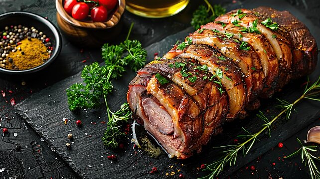 Pork stuffed roll prepared on the grill, roll, dinner, stuffed turkey breast roll for festive dinner, Close up