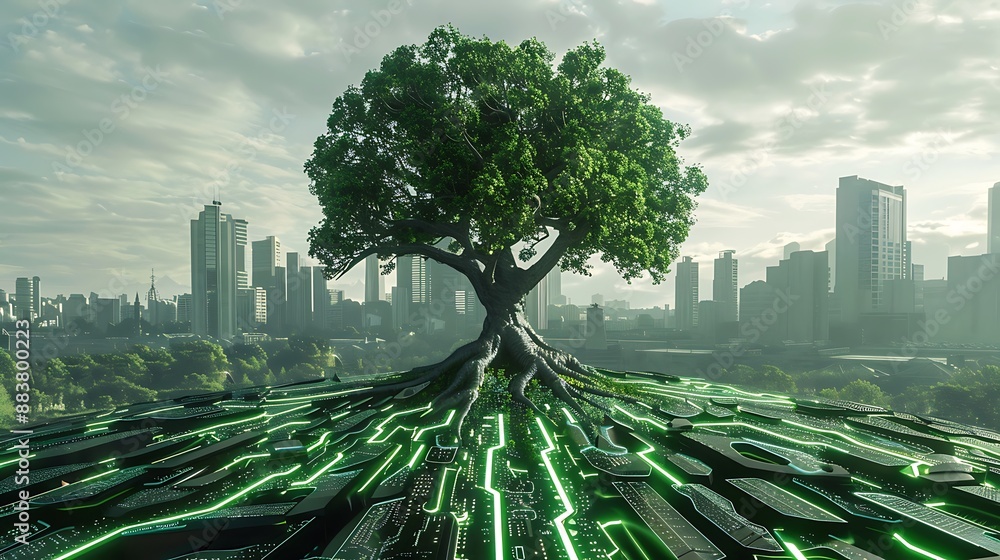 Poster roots of the tree of life with digital circuit dots cityscape background for modern futuristic natur