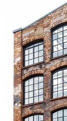 Obraz premium Close-up of an old brick building facade with large industrial-style windows, showcasing historic architecture and urban charm.