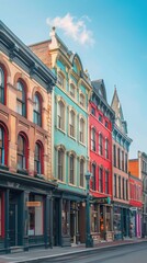 Obraz premium Colorful facades of historic buildings on a charming street with a clear blue sky.