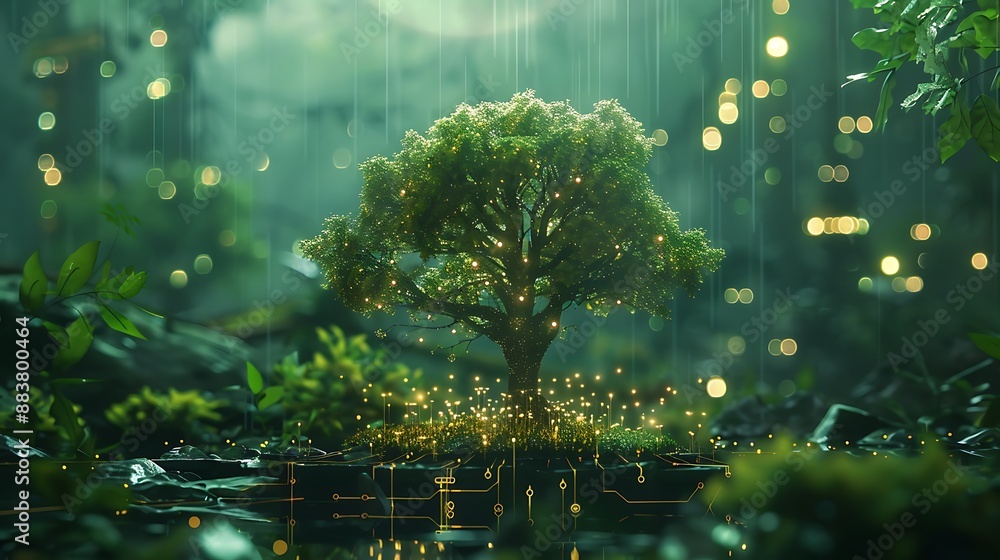 Poster root of the tree of life with digital circuit points for modern futuristic nature integration techno