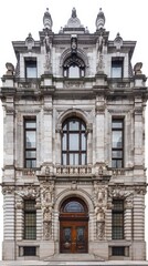 Obraz premium Elegant historical building facade with intricate architectural details, large windows, and rustic wooden doors.
