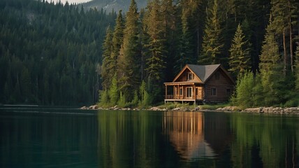 A wooden cabin nestled amongst green trees reflects perfectly in the still lake water