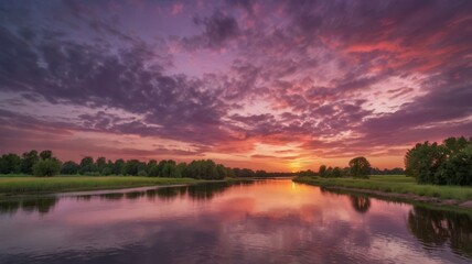 Fototapeta premium A fiery orange sun stretched below the horizon. Casting long shadows across the quiet river. and reflecting beauty on the surface of the water