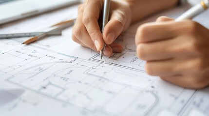 Hands working on architectural blueprint with pencil, compass, and ruler, showcasing detailed design and precision in architecture.