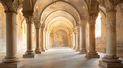 Historic building corridor with arched ceilings and ornate columns, bathed in warm sunlight, showcasing architectural elegance.