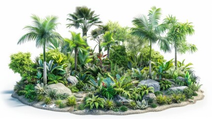 Obraz premium Lush tropical island vegetation featuring palm trees, dense foliage, and vibrant greenery encapsulated in a serene exotic setting.