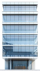 Obraz premium Modern glass office building exterior with multiple floors, minimalist design, and transparent windows on white background.
