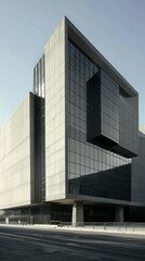 Obraz premium Modern office building with glass facade featuring unique geometric design, captured at dawn under clear skies. Urban architecture concept.