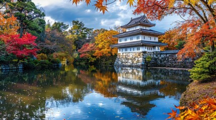 Obraz premium Scenic view of a traditional Japanese temple surrounded by vibrant autumn foliage reflecting in a calm pond under a cloudy sky.