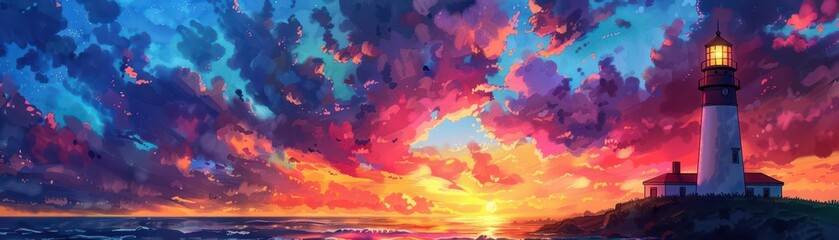 Watercolor illustration of a lighthouse at sunset with vibrant skies, copy space for text