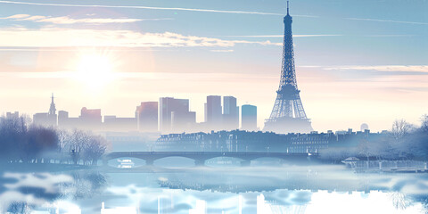 Paris skyline with white wallpaper border and clear graphic design on sunlight effect