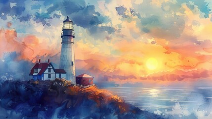 Obraz premium Watercolor illustration of a lighthouse during sunrise with pastel colors, copy space for text