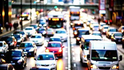City Traffic Blur: A blurred city traffic scene with cars and buses, ideal for urban transportation and congestion themes.
